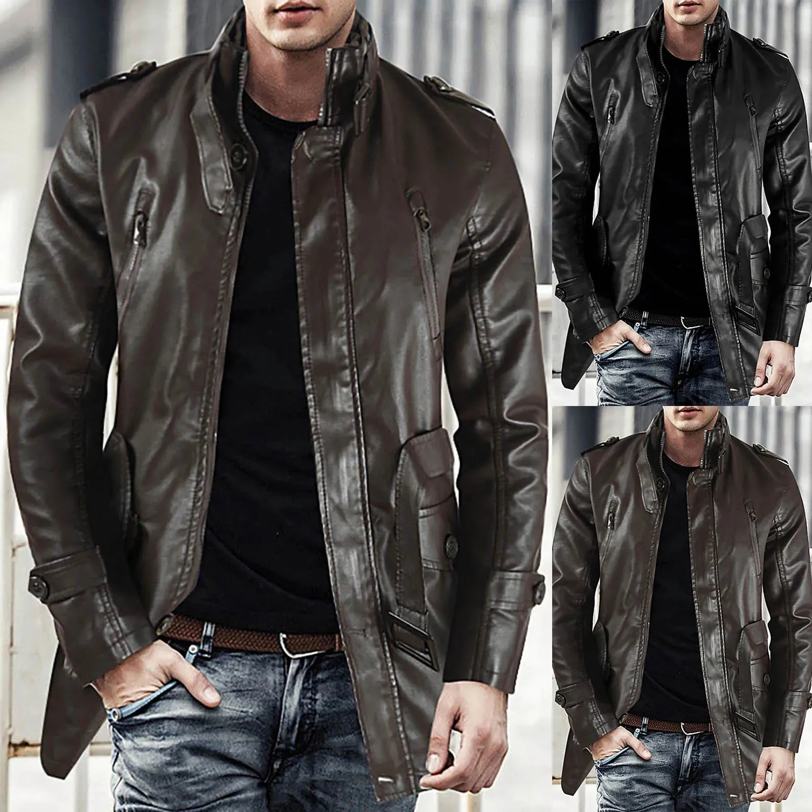 Men's Winter Casual Leather Jacket Zipper Long Sleeve Stand Trench Coat Men Tactical Windproof Waterproof jacket