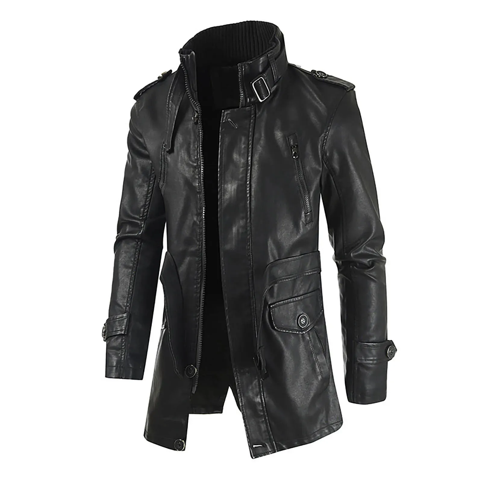 Men's Winter Casual Leather Jacket Zipper Long Sleeve Stand Trench Coat Men Tactical Windproof Waterproof jacket