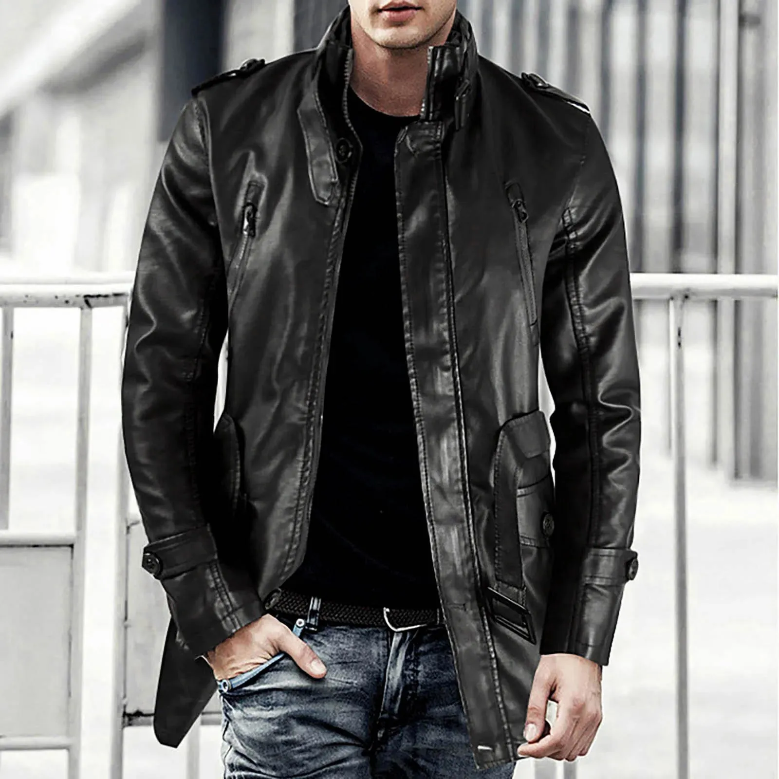 Men's Winter Casual Leather Jacket Zipper Long Sleeve Stand Trench Coat Men Tactical Windproof Waterproof jacket