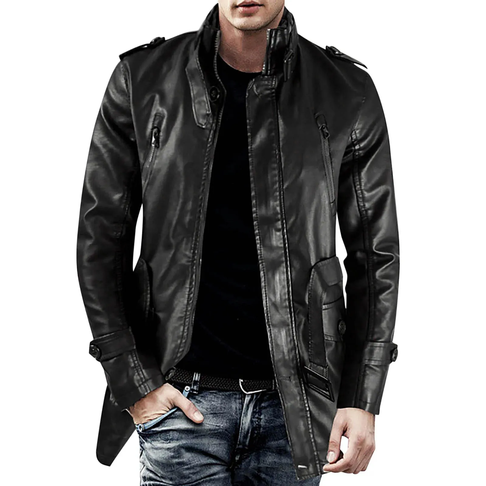 Men's Winter Casual Leather Jacket Zipper Long Sleeve Stand Trench Coat Men Tactical Windproof Waterproof jacket