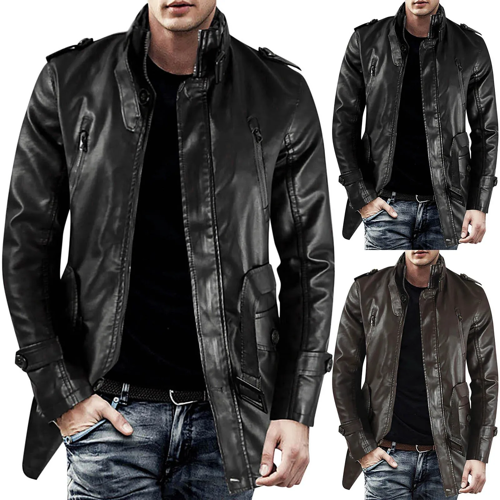 Men's Winter Casual Leather Jacket Zipper Long Sleeve Stand Trench Coat Men Tactical Windproof Waterproof jacket