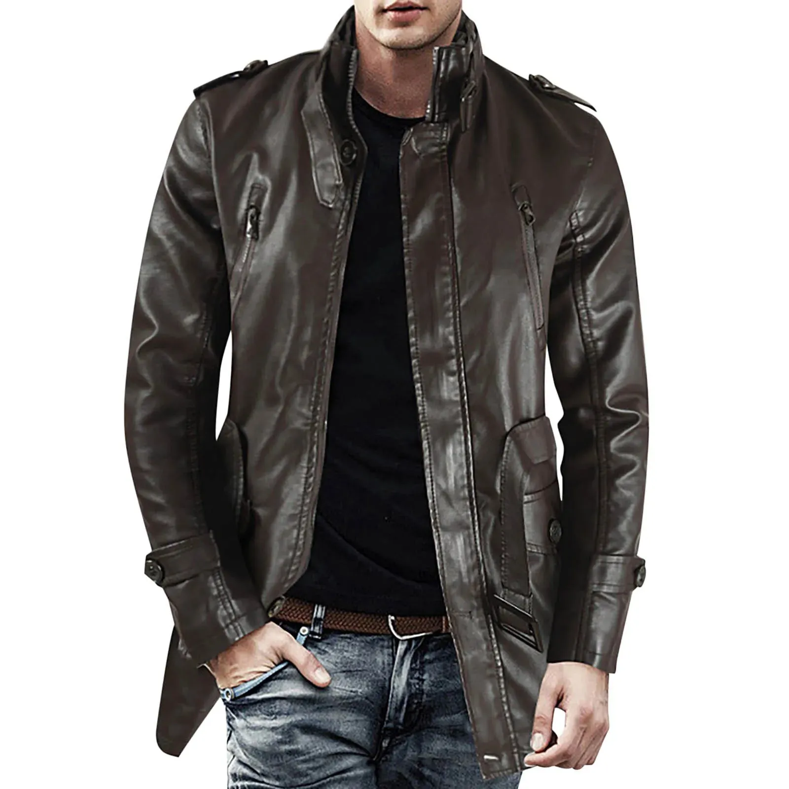 Men's Winter Casual Leather Jacket Zipper Long Sleeve Stand Trench Coat Men Tactical Windproof Waterproof jacket