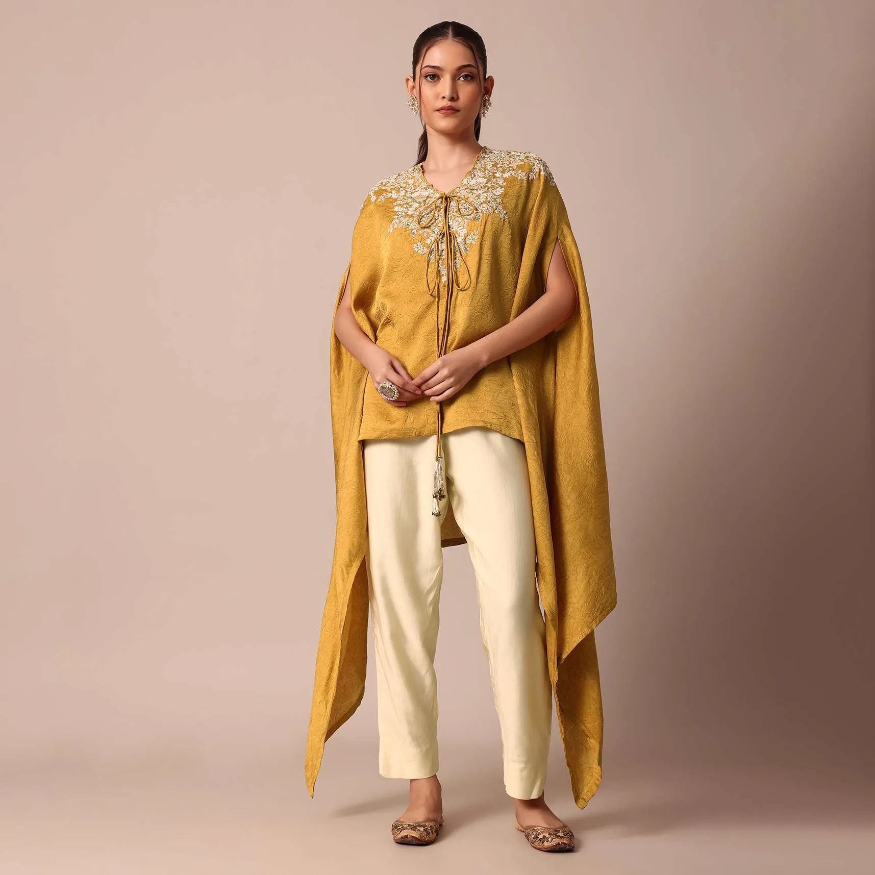 Mustard Yellow Crop Top With Embroidered Jacket And Pants Set