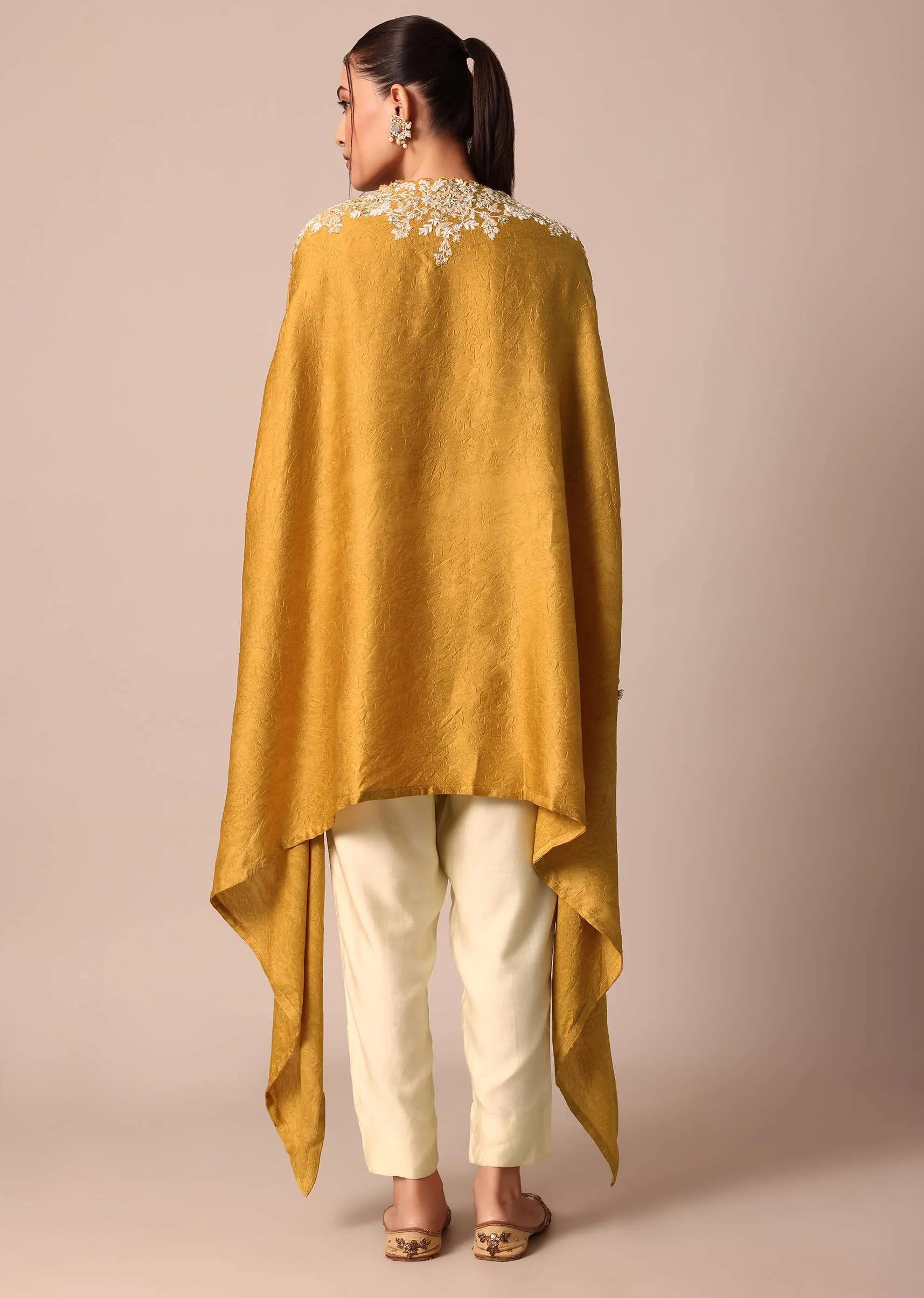 Mustard Yellow Crop Top With Embroidered Jacket And Pants Set