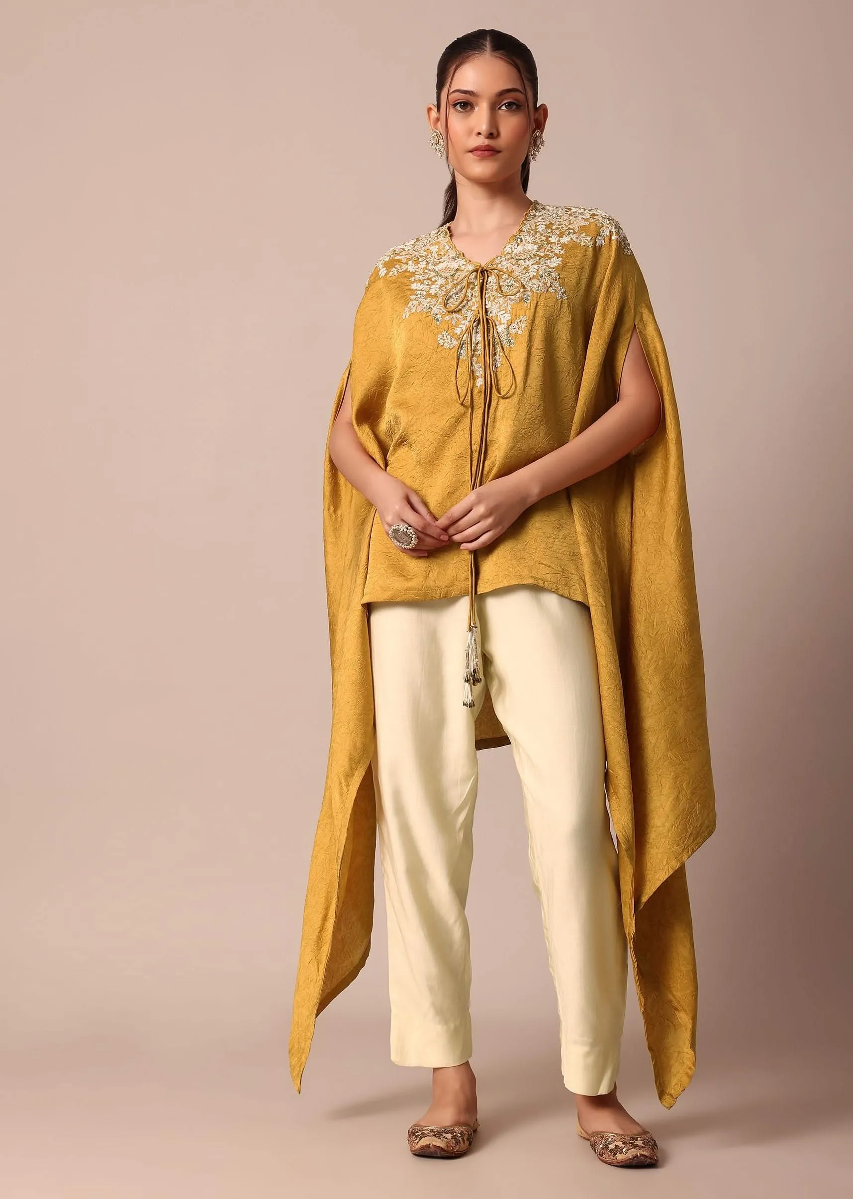 Mustard Yellow Crop Top With Embroidered Jacket And Pants Set