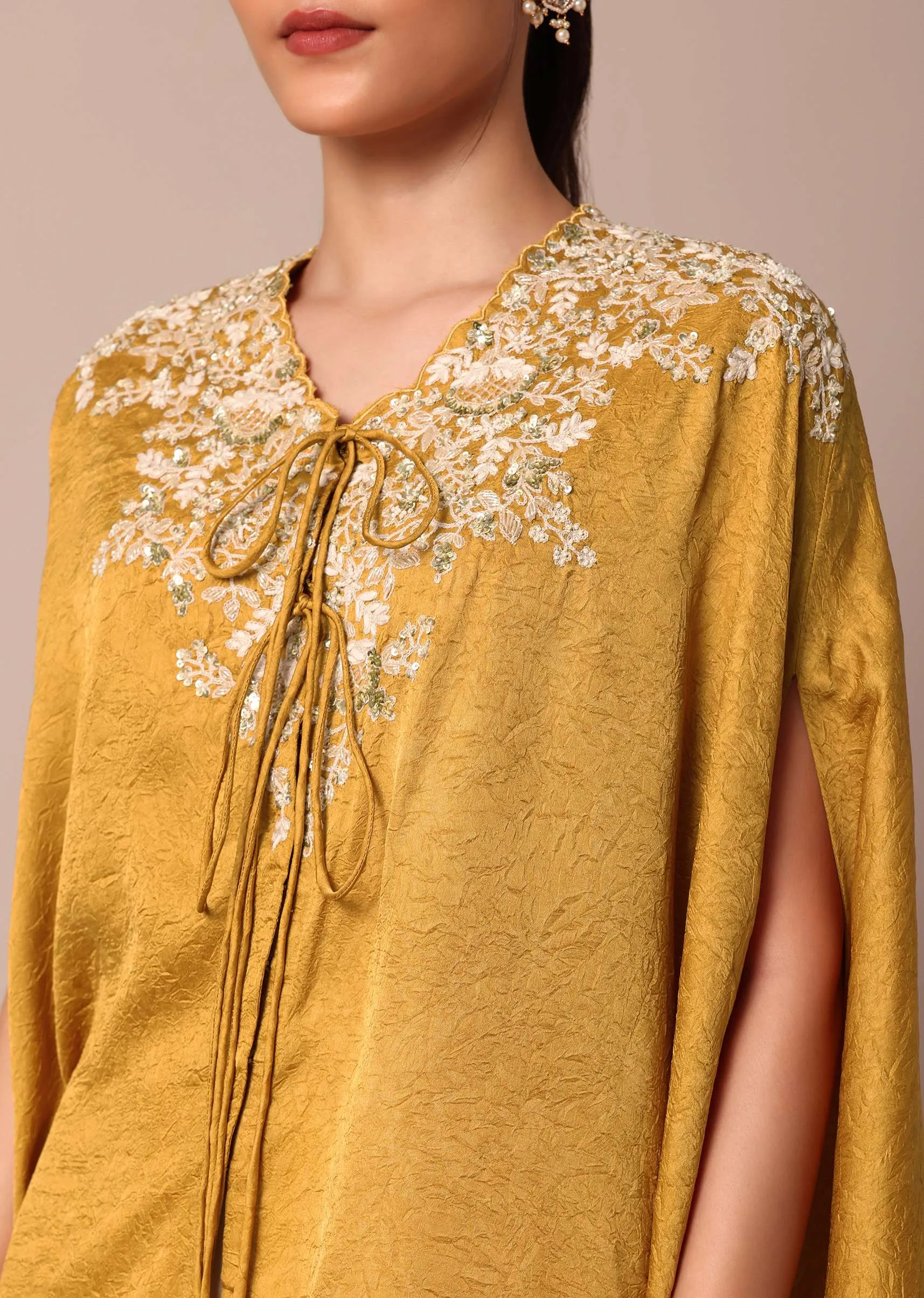Mustard Yellow Crop Top With Embroidered Jacket And Pants Set