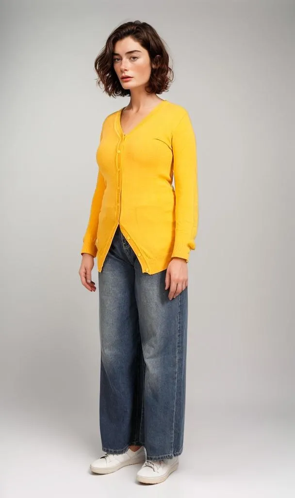 O201314-O201314 - V-Neck Knit Cardigan - Yellow