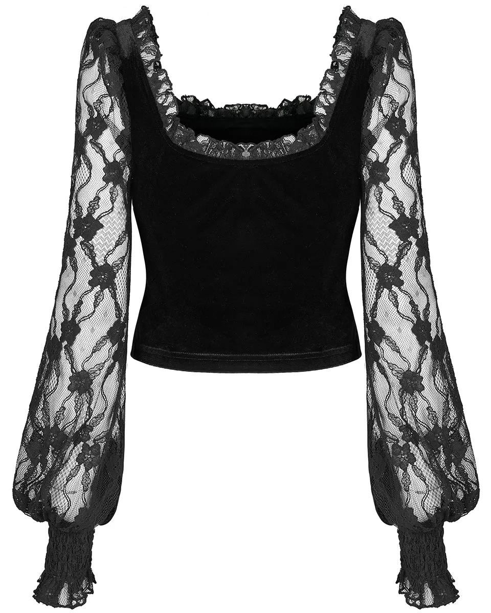 OPT-752 Daily Life Casual Gothic Flocked Velvet Rose Lace Blouse Top Dqf