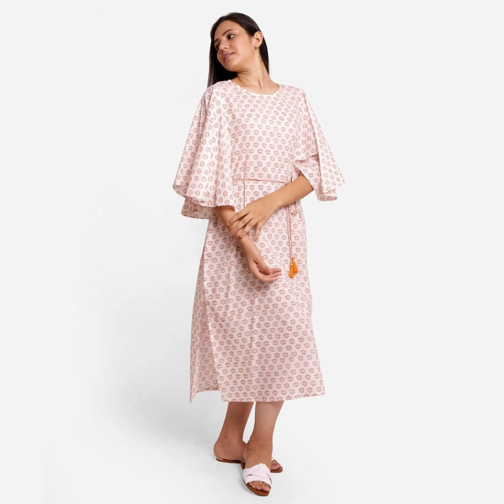 Orange Cotton Block Printed Midi Shift Dress