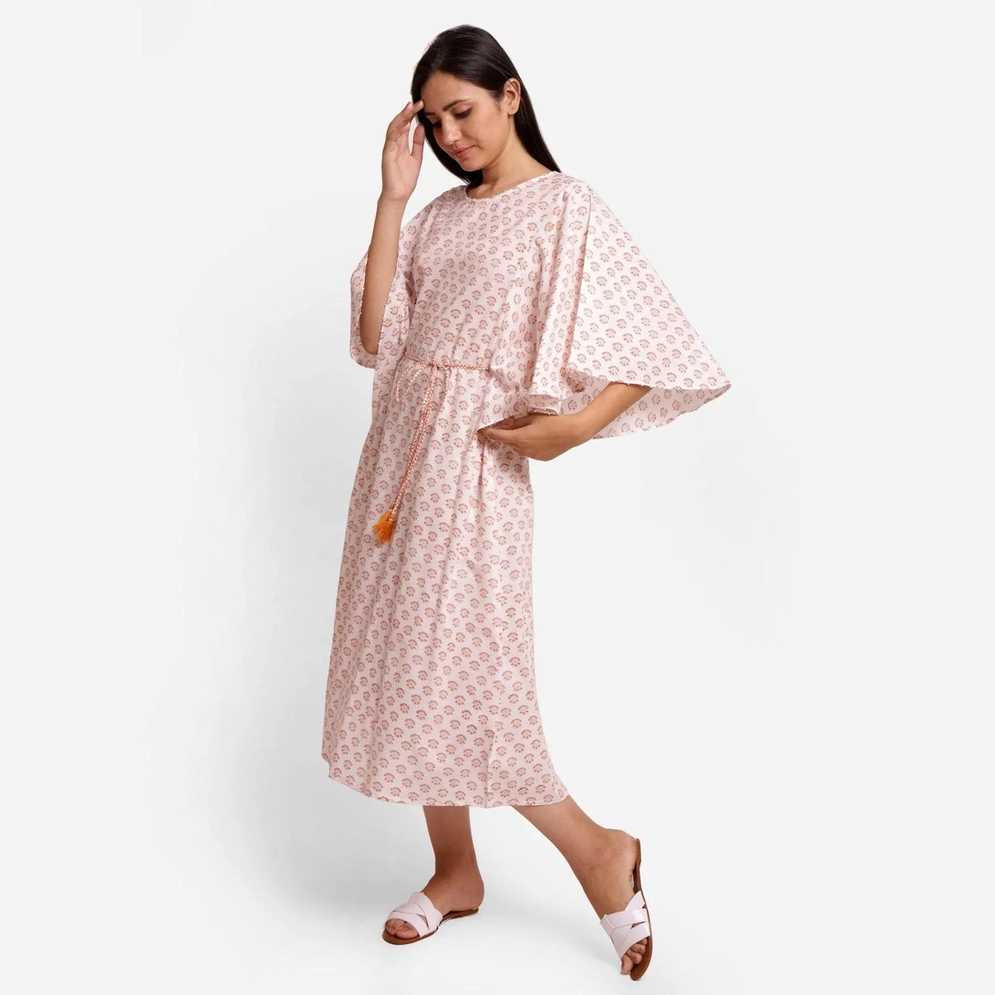 Orange Cotton Block Printed Midi Shift Dress