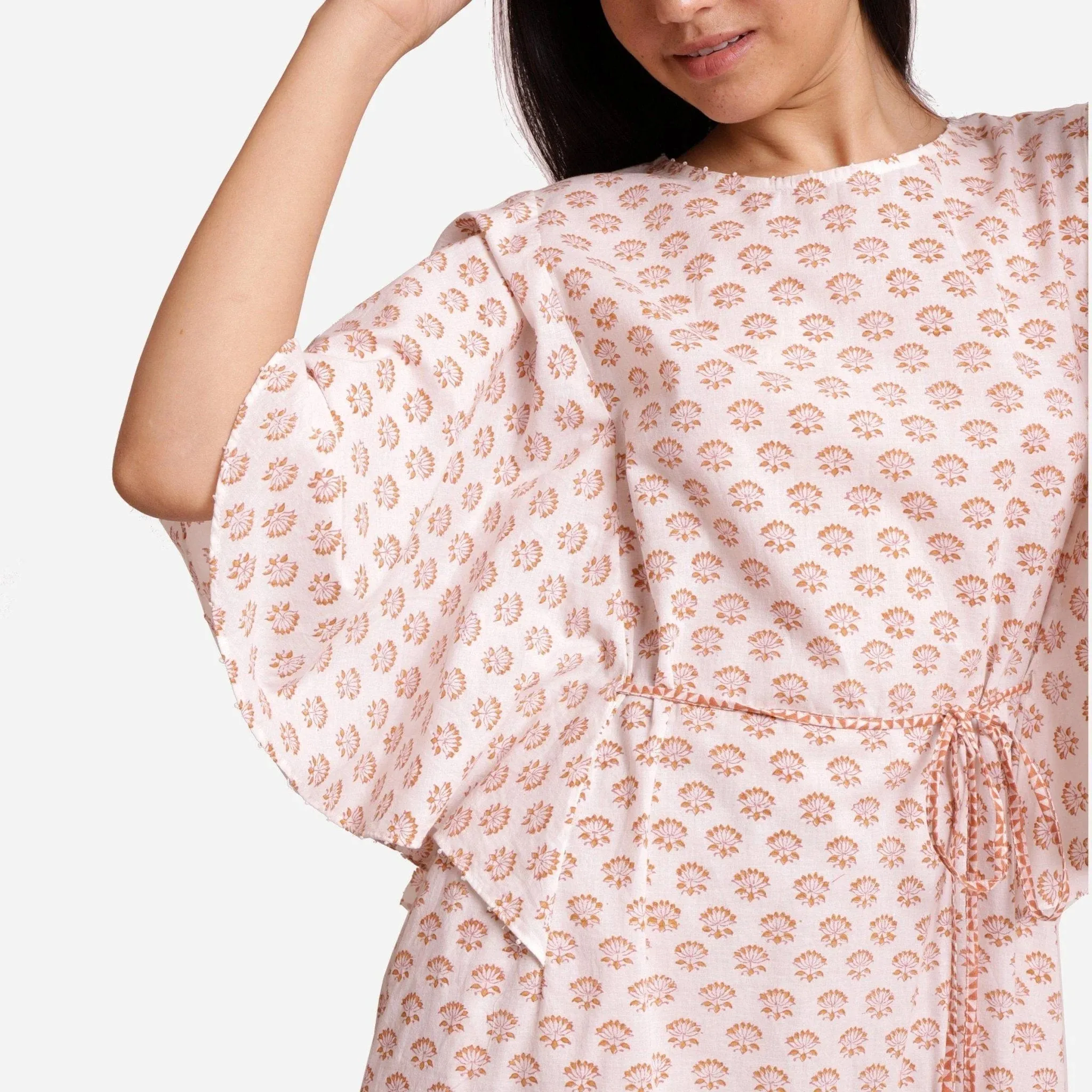 Orange Cotton Block Printed Midi Shift Dress