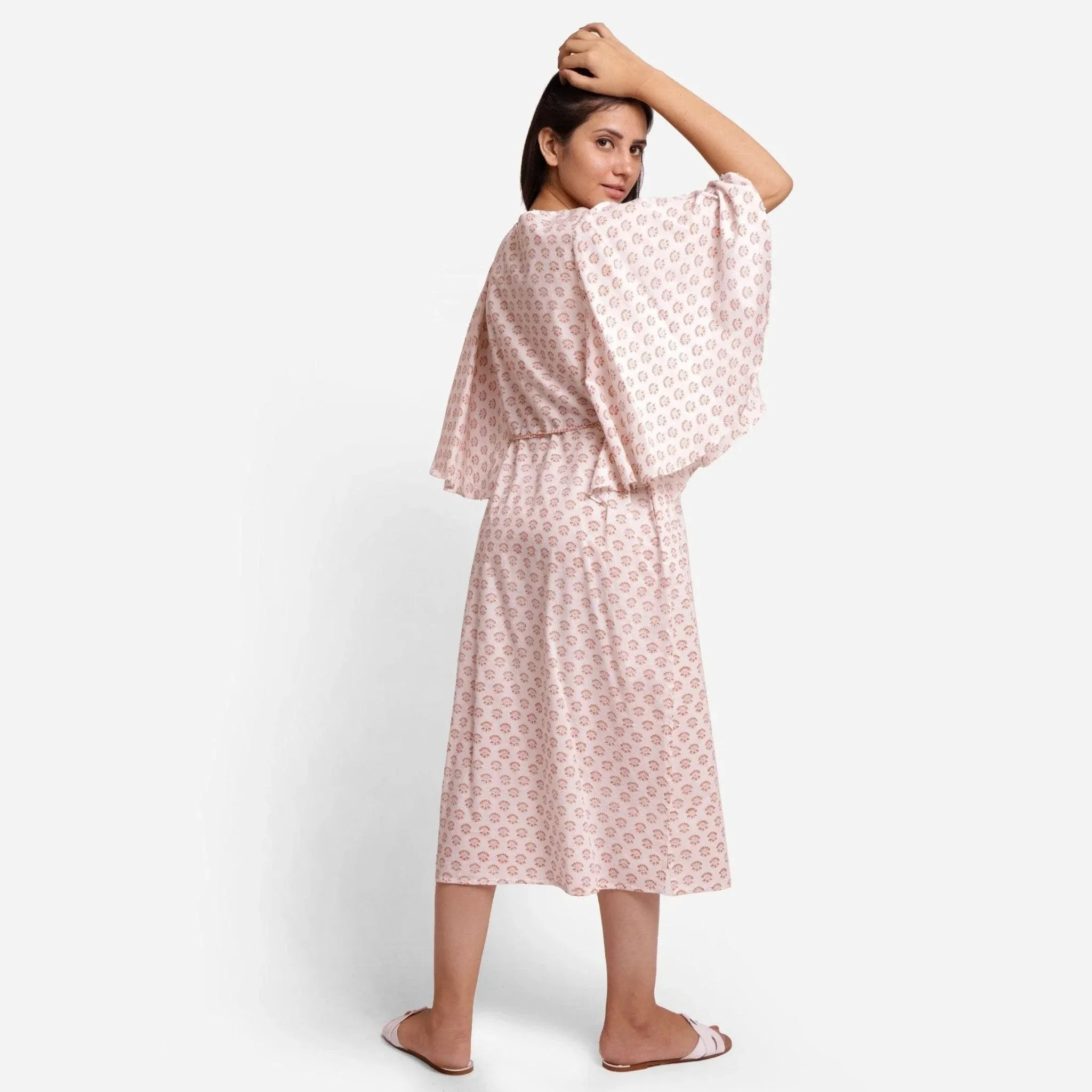 Orange Cotton Block Printed Midi Shift Dress