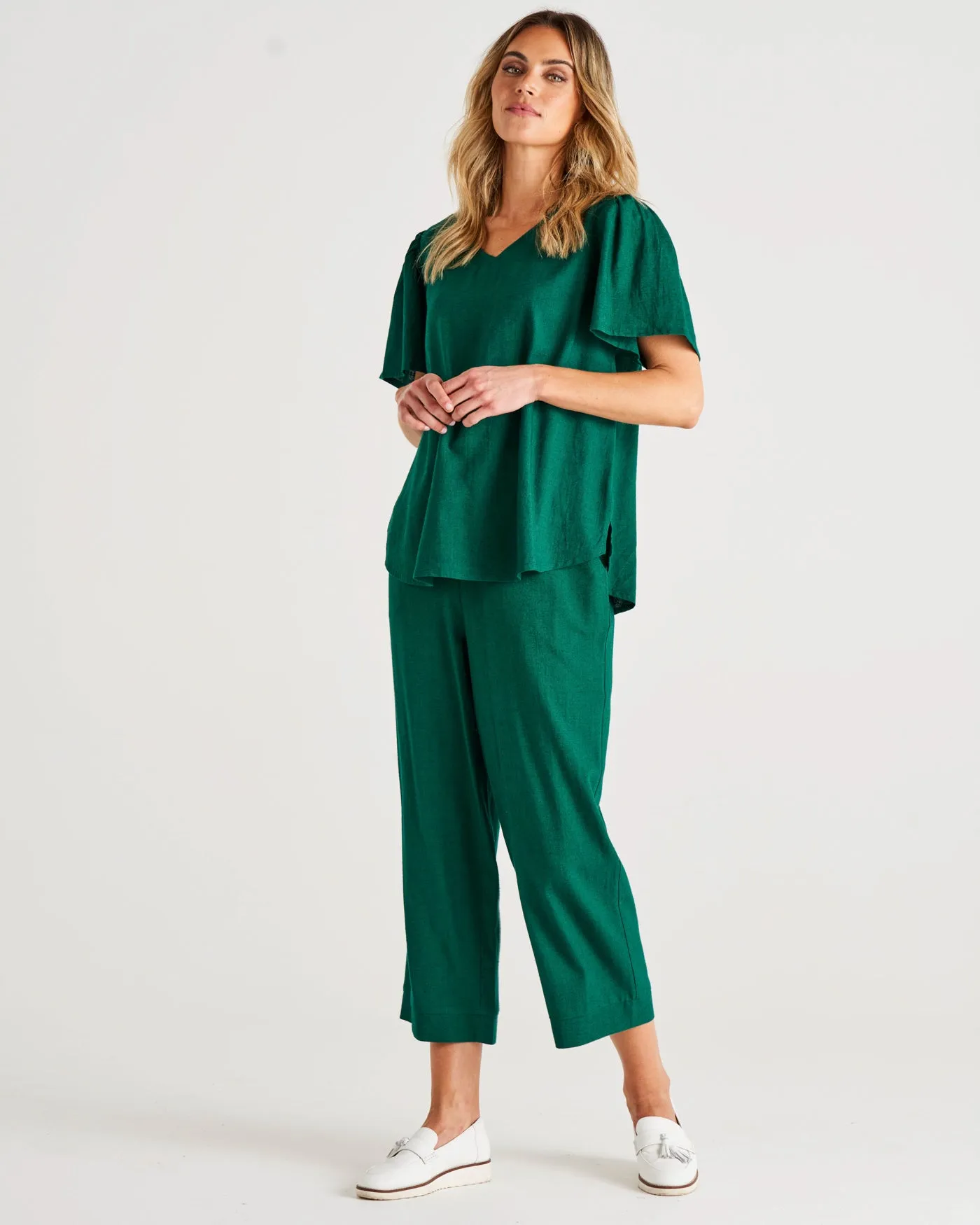 Parker Mid-High Rise Cropped Linen-Blend Pant - Hunter Green