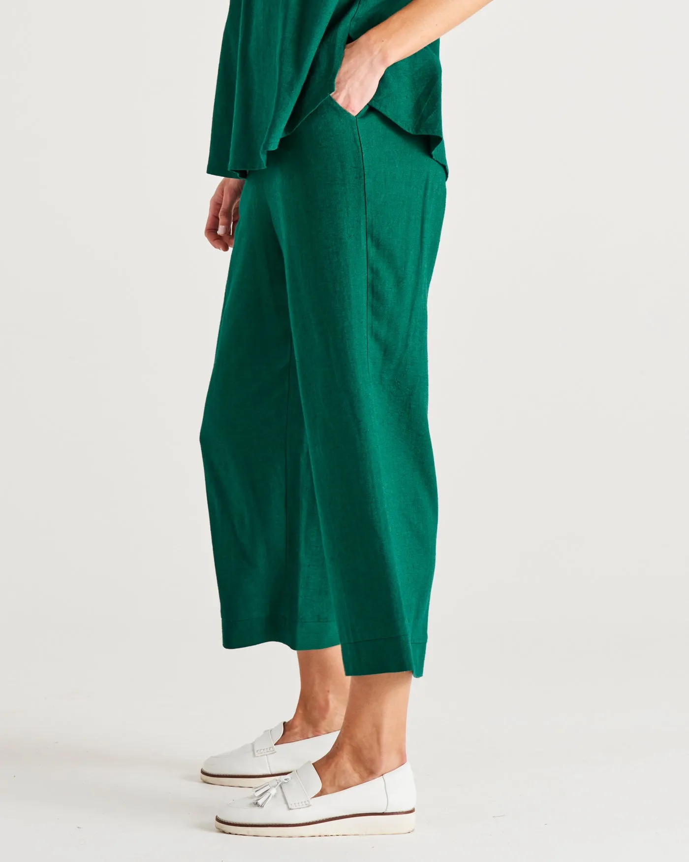 Parker Mid-High Rise Cropped Linen-Blend Pant - Hunter Green