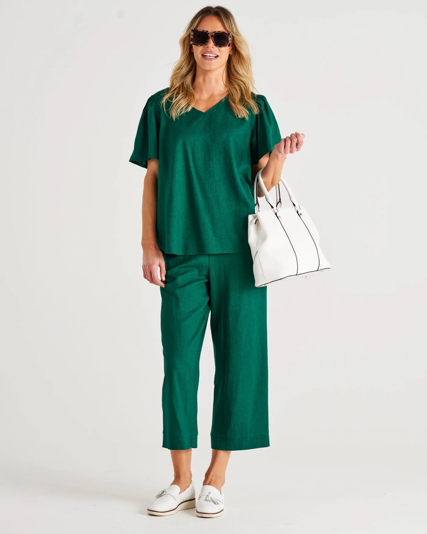 Parker Mid-High Rise Cropped Linen-Blend Pant - Hunter Green