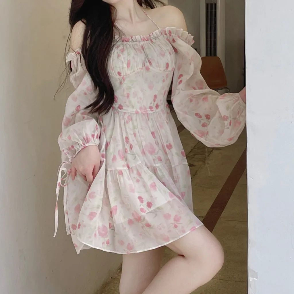 Pink Off Shoulder Puff Sleeve Floral Dress