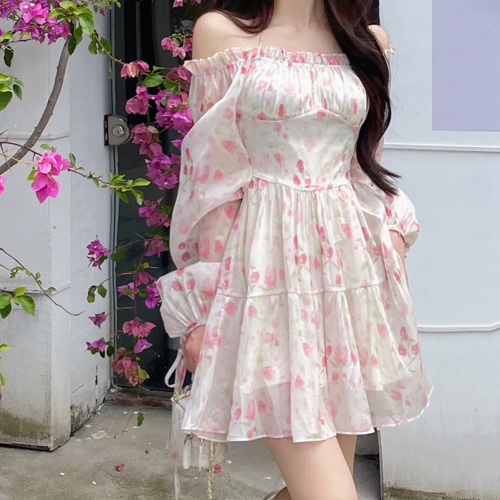 Pink Off Shoulder Puff Sleeve Floral Dress