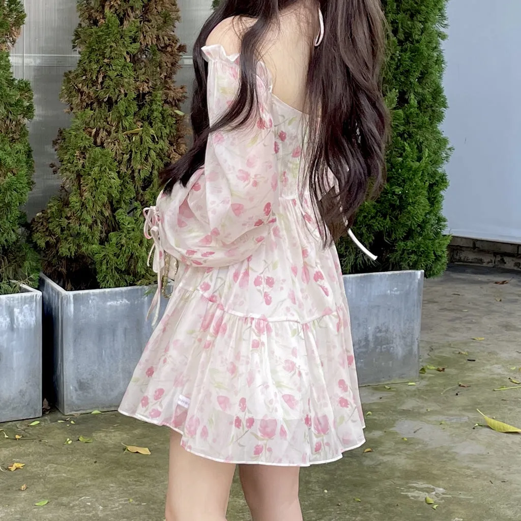 Pink Off Shoulder Puff Sleeve Floral Dress