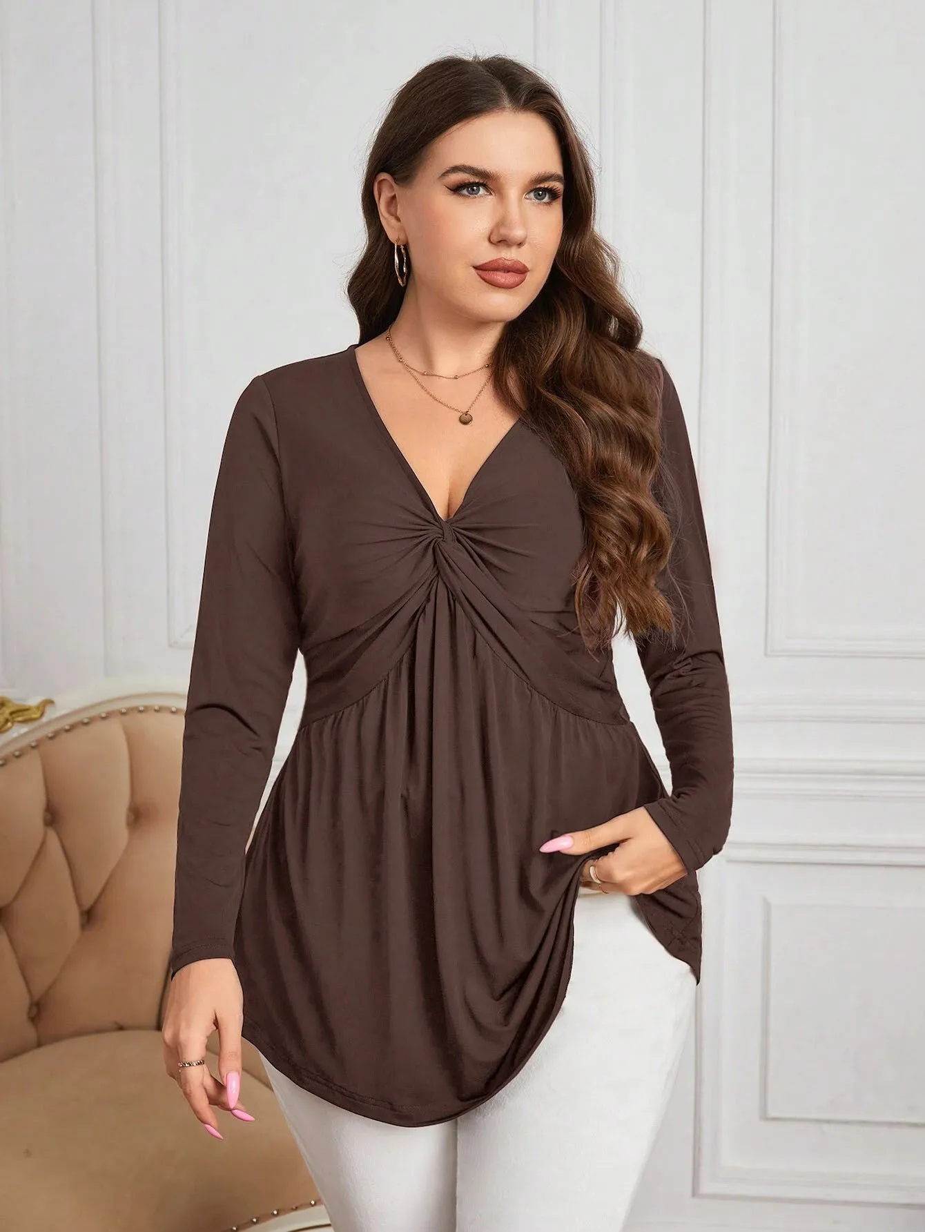 Plus Size Women Clothing Waist Controlled Knitted Bottoming Shirt Elegant Office V Neck Sexy Top