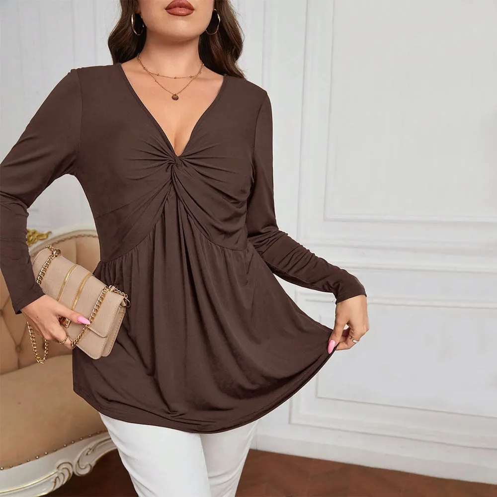 Plus Size Women Clothing Waist Controlled Knitted Bottoming Shirt Elegant Office V Neck Sexy Top
