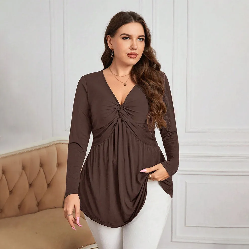 Plus Size Women Clothing Waist Controlled Knitted Bottoming Shirt Elegant Office V Neck Sexy Top