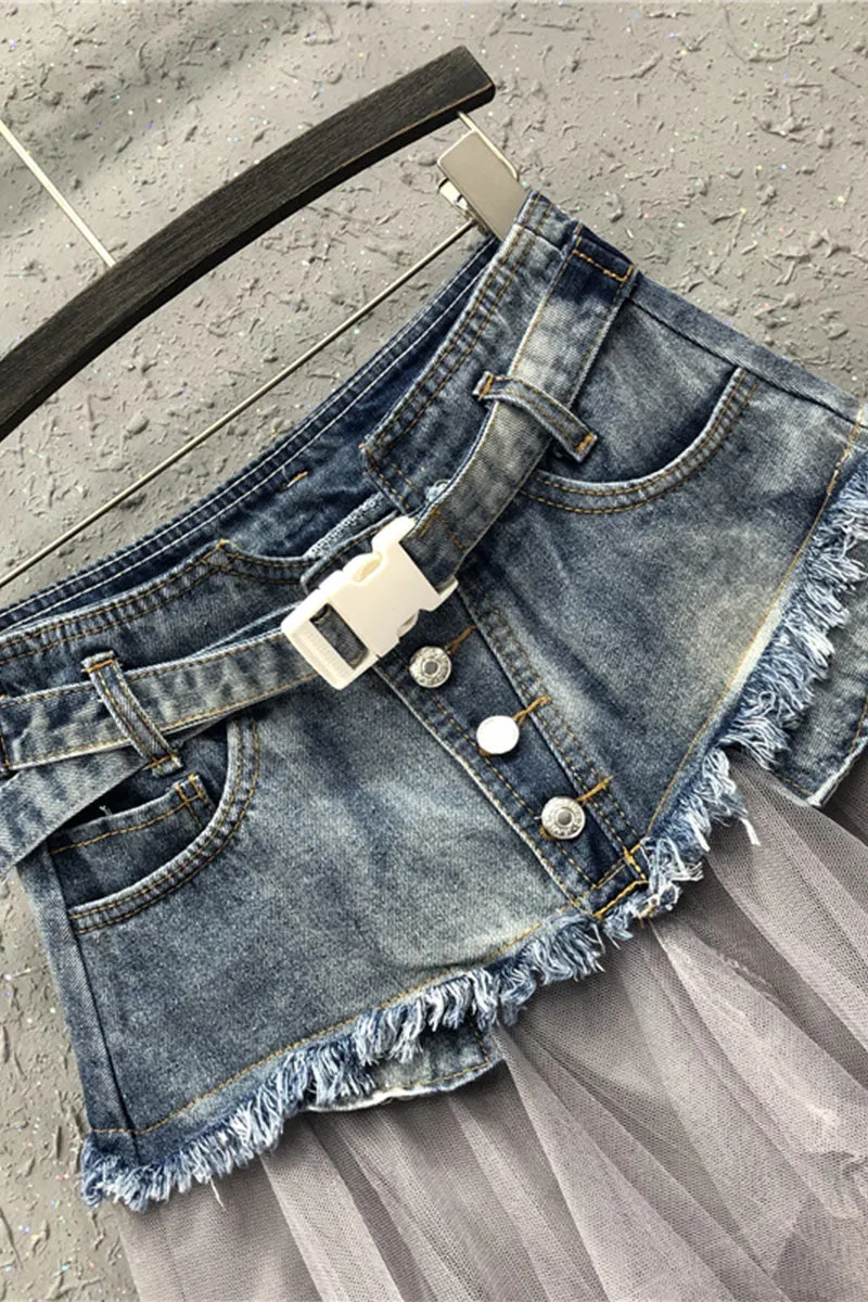 QC584 Ruffles Mesh Denim Skirt