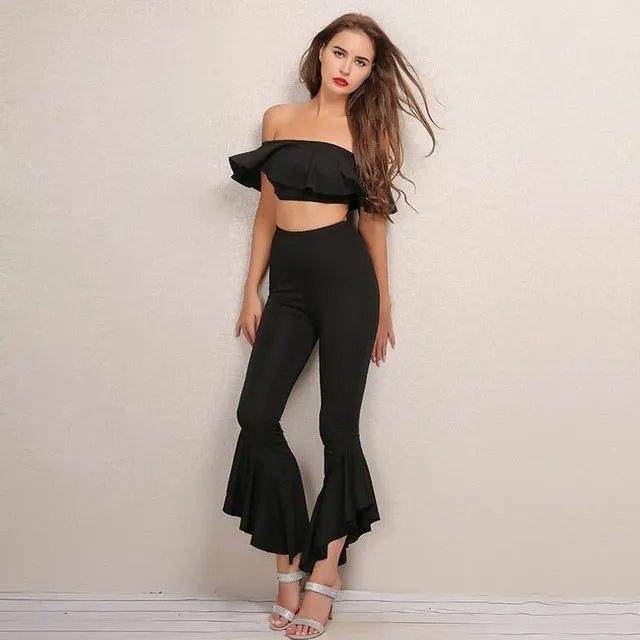 "Bailar" ruffle off the shoulder crop top pants 2 piece set