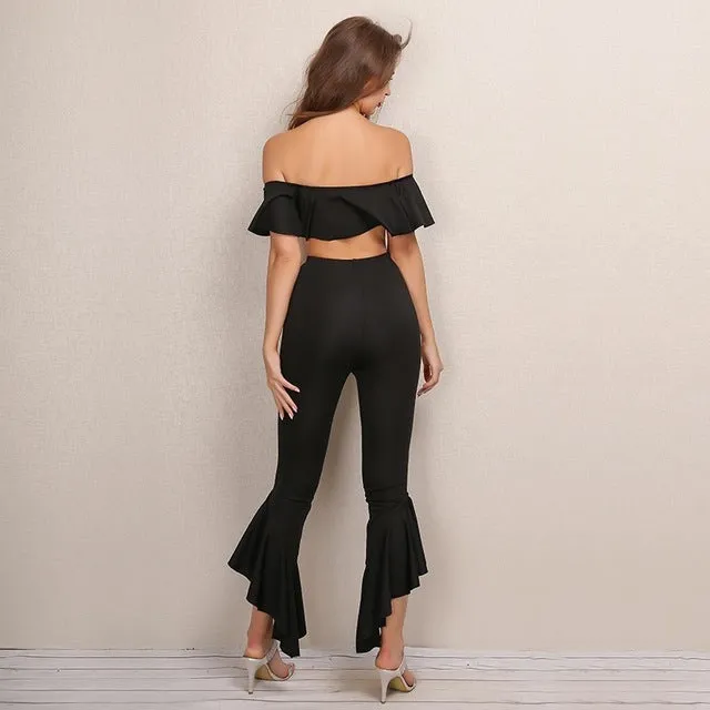 "Bailar" ruffle off the shoulder crop top pants 2 piece set