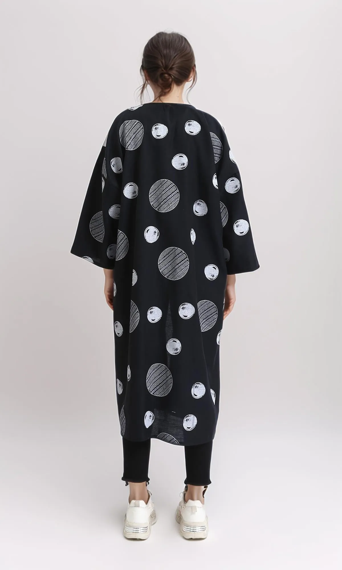 R206065 - Polka Dots 3\4 Sleeves Long Cardigan - Black