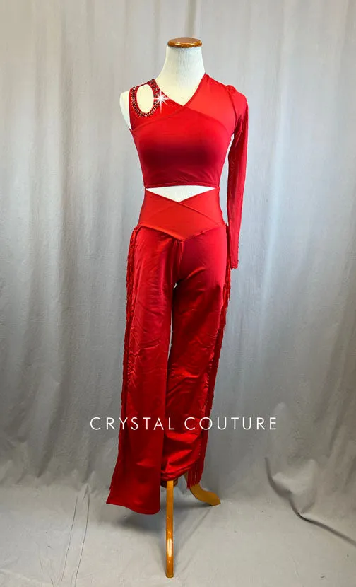 Red Wide Leg Lycra Pants with Fringe and Matching Crop Top