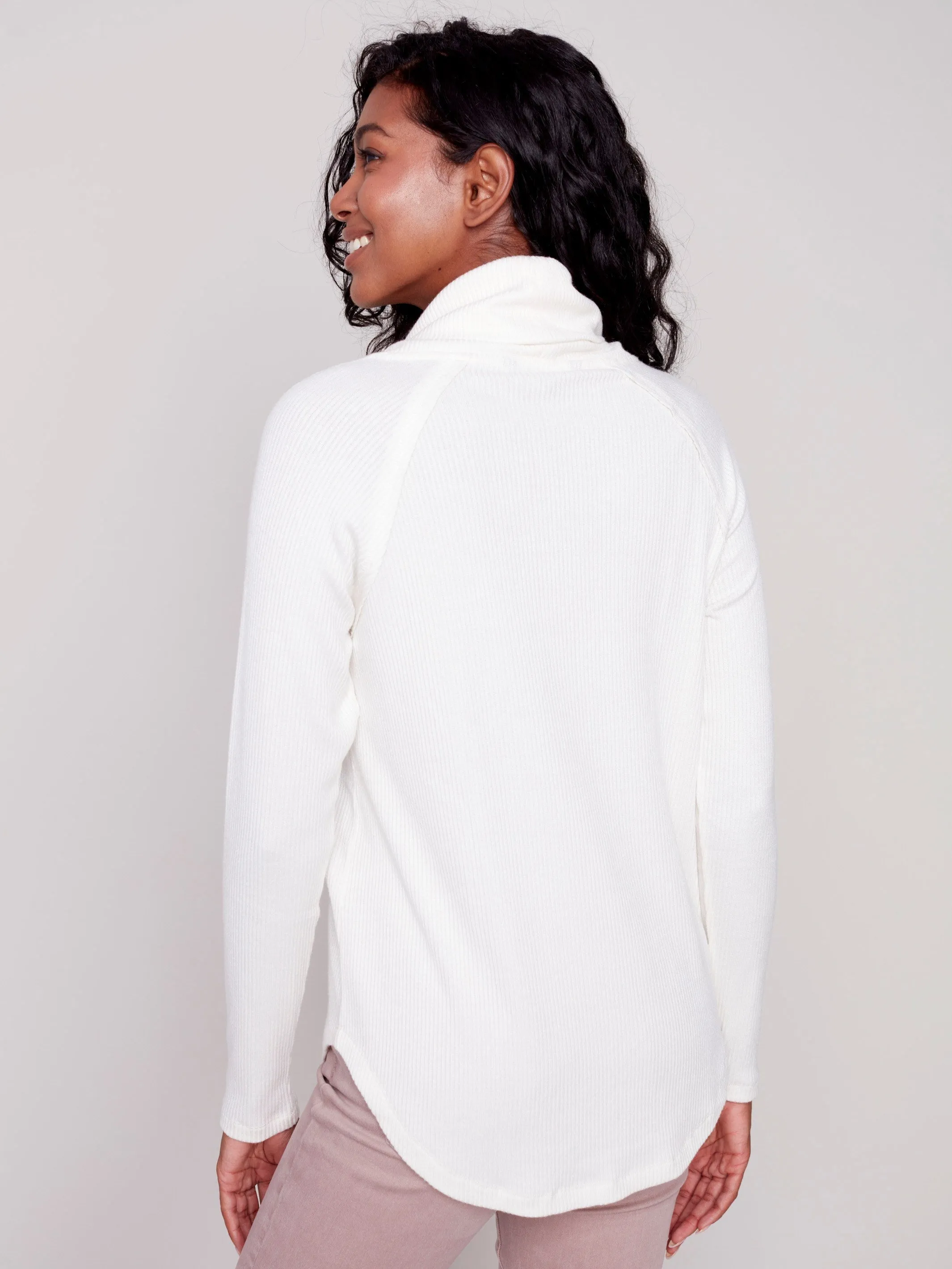 Ribbed Cowl Neck Top - Ecru