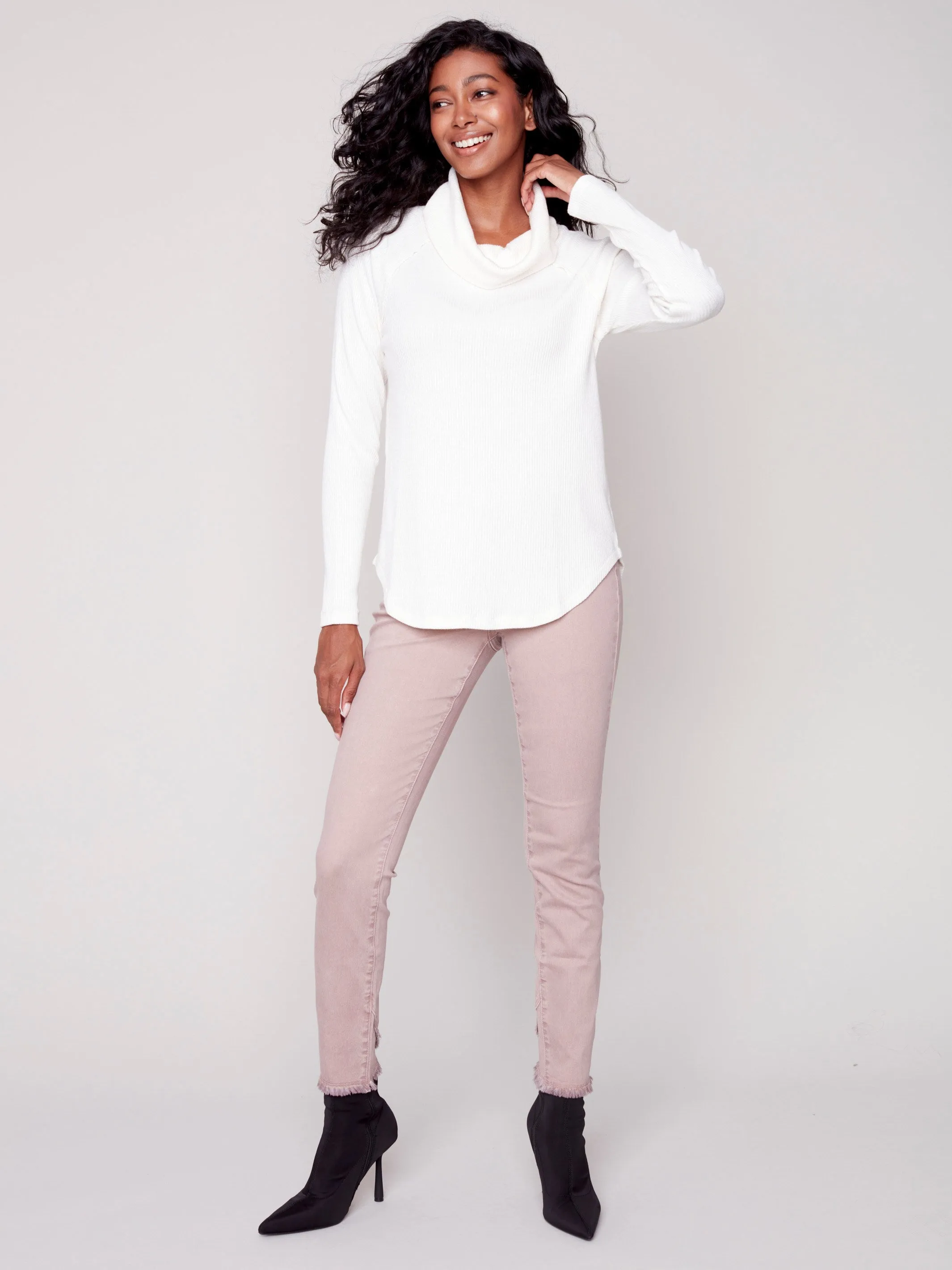 Ribbed Cowl Neck Top - Ecru