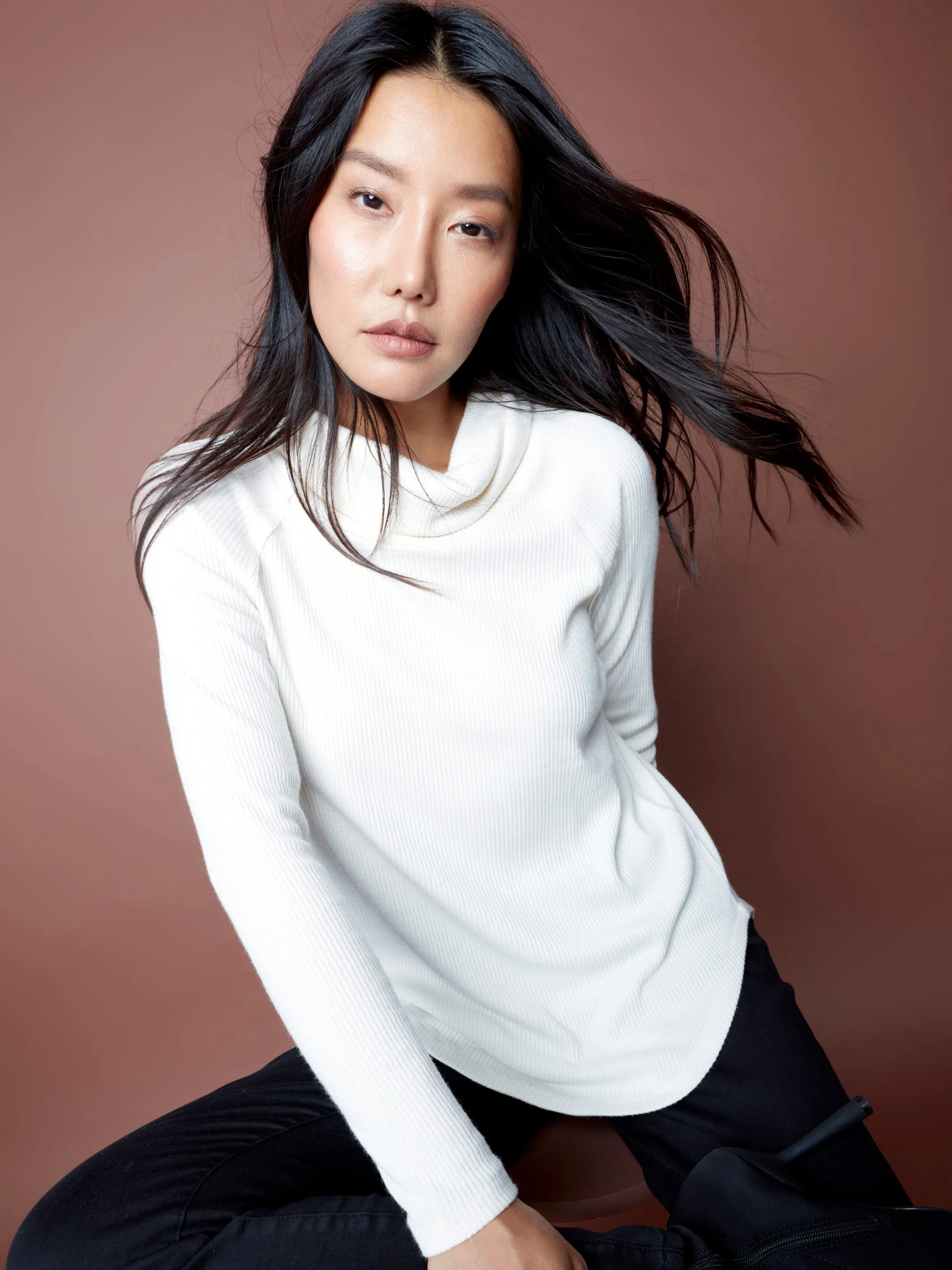 Ribbed Cowl Neck Top - Ecru
