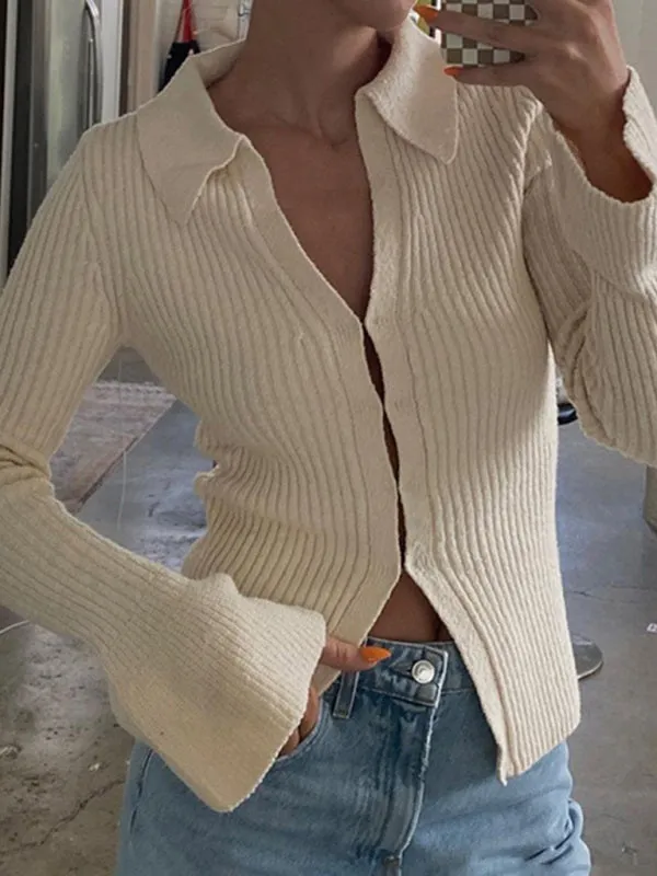 Ribbed Knitted V-Neck Long Sleeve Sweater Top