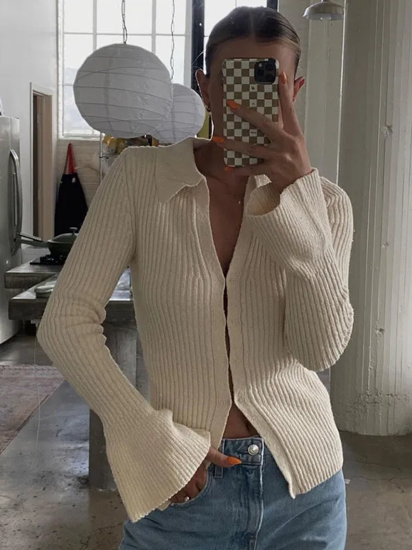 Ribbed Knitted V-Neck Long Sleeve Sweater Top