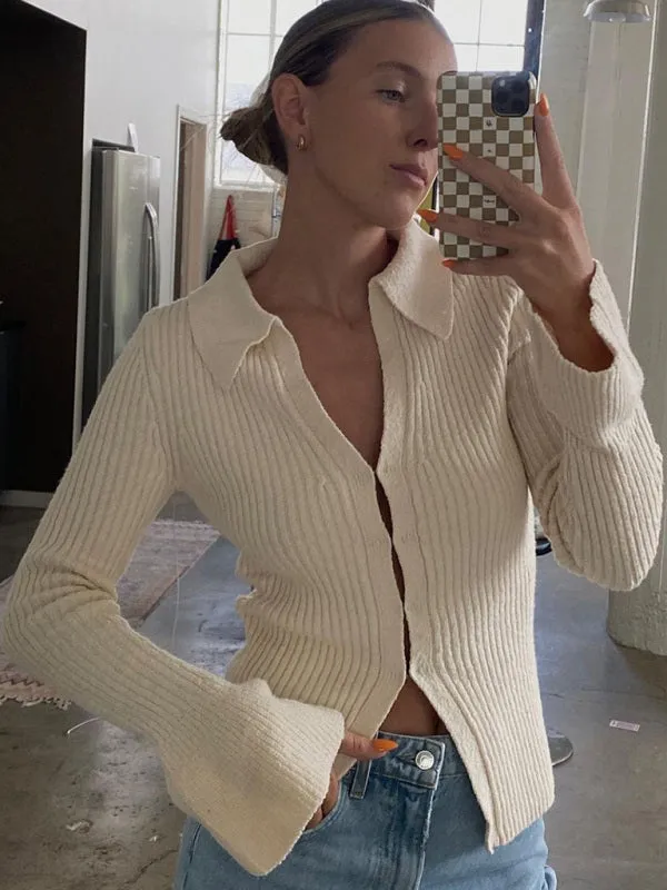 Ribbed Knitted V-Neck Long Sleeve Sweater Top