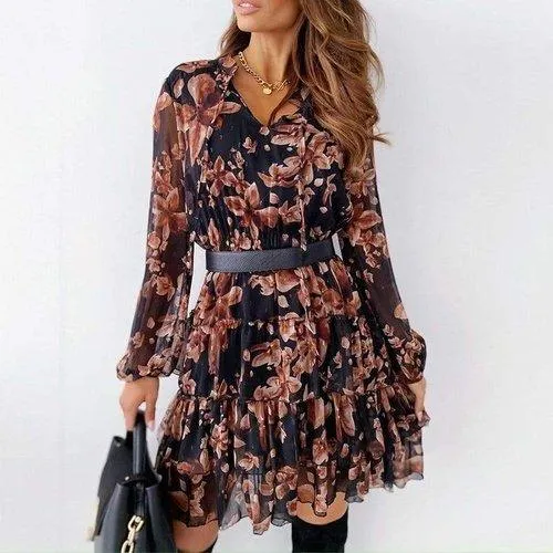 Ruffle V-Neck Floral Long Sleeve A-Line Chiffon Short Dress