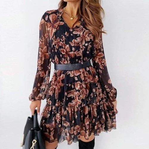 Ruffle V-Neck Floral Long Sleeve A-Line Chiffon Short Dress