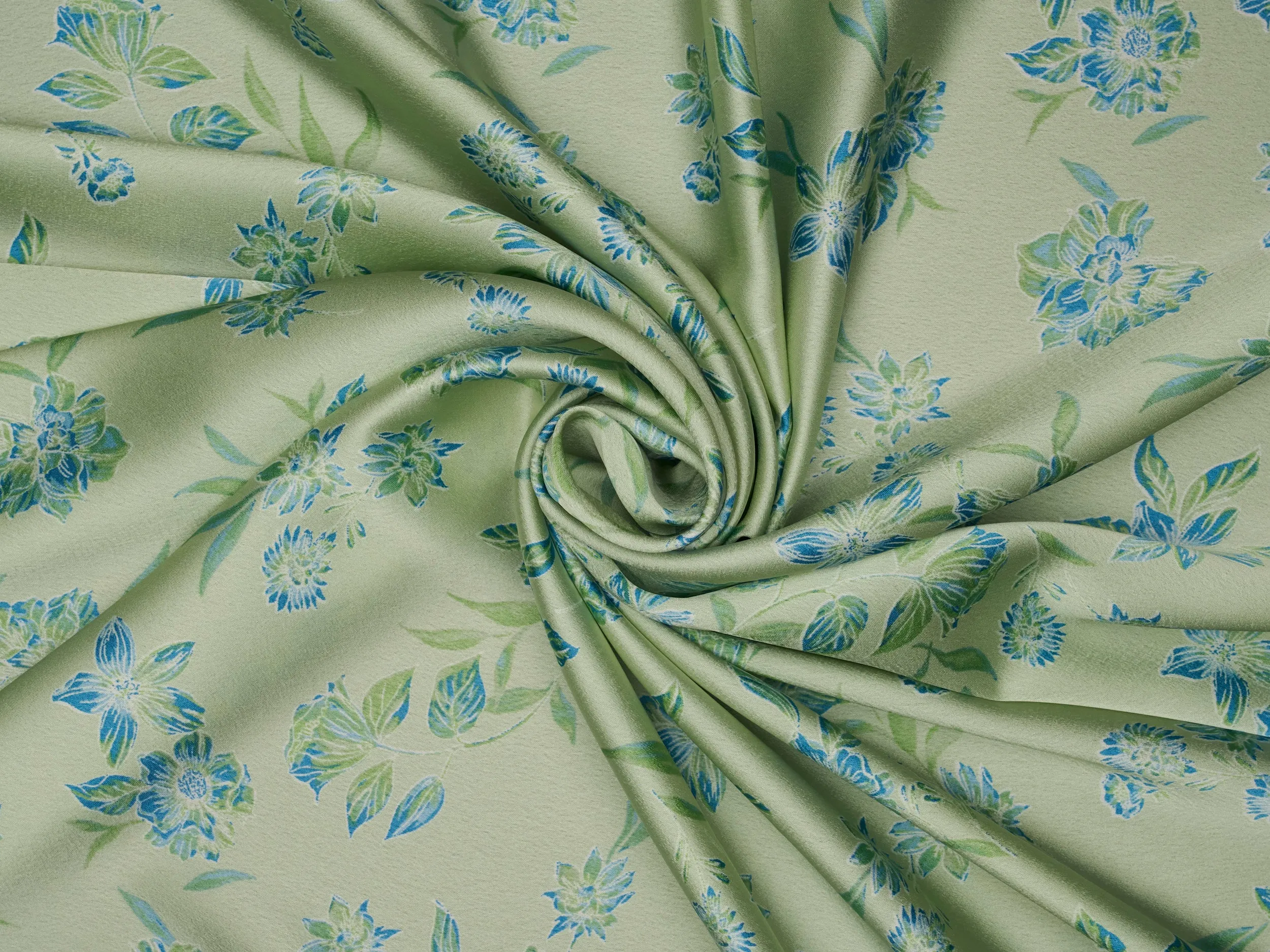 Sage green and blue   floral   print -  silky satin  Lightweight   fabric
