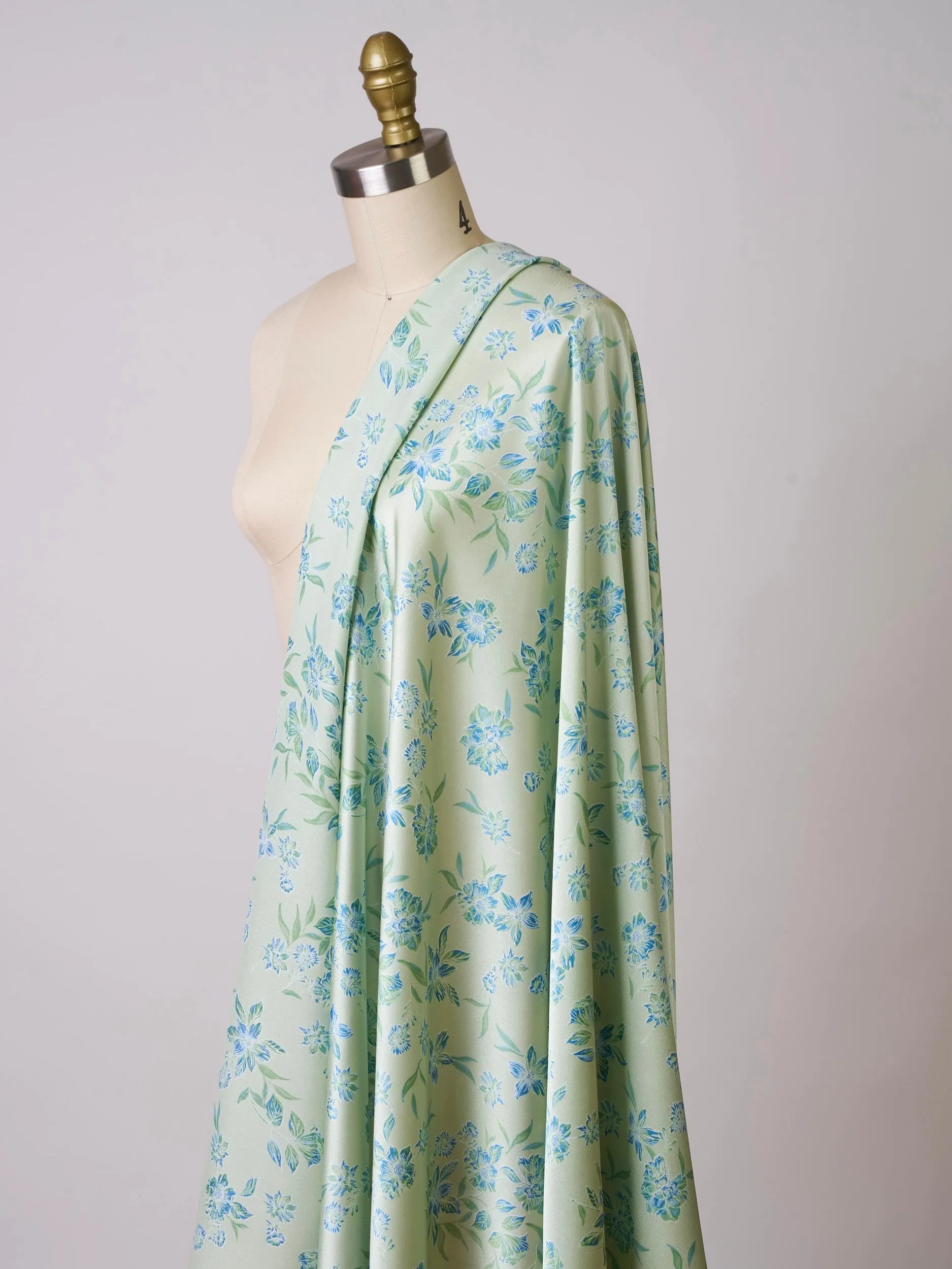 Sage green and blue   floral   print -  silky satin  Lightweight   fabric