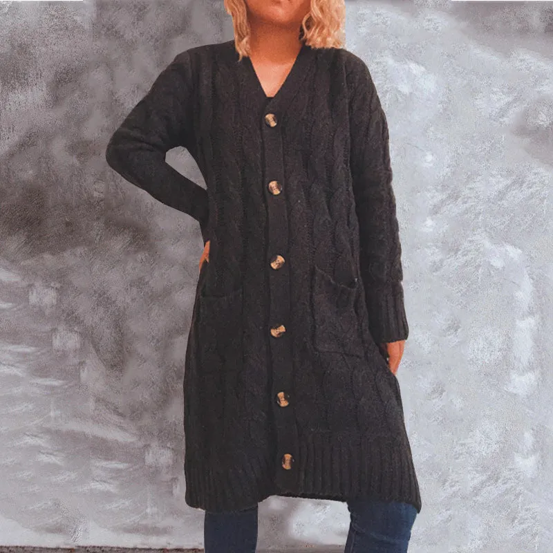 Single-Breasted Burlap Pocket Knitted Long Sweater Cardigan Jacket