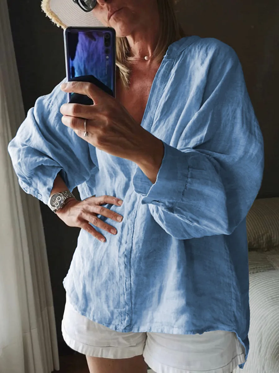 Solid Color Long Sleeve Casual V-Neck Top