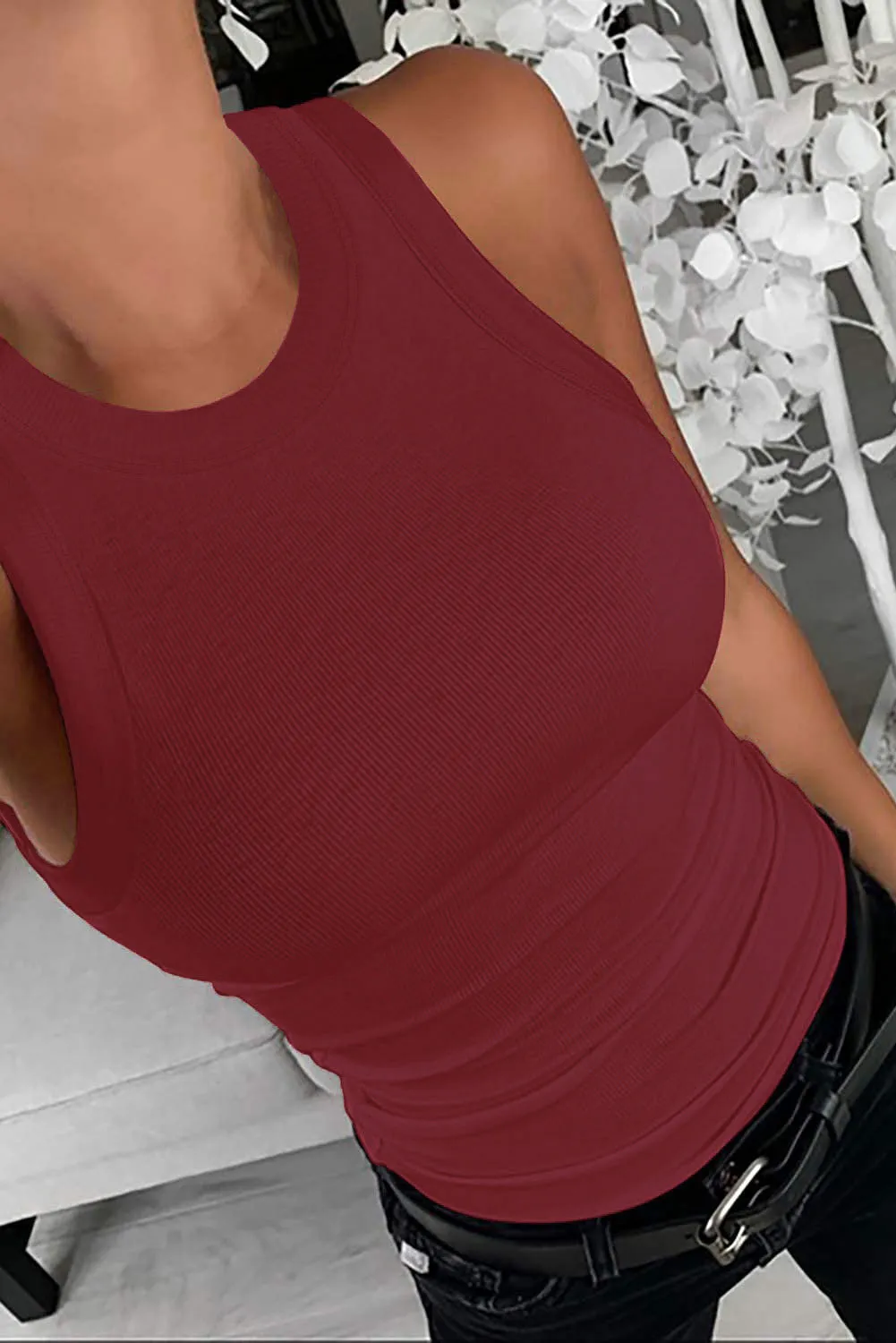 Solid White/Black/Gray/Khaki Round Neck Ribbed Tank Top