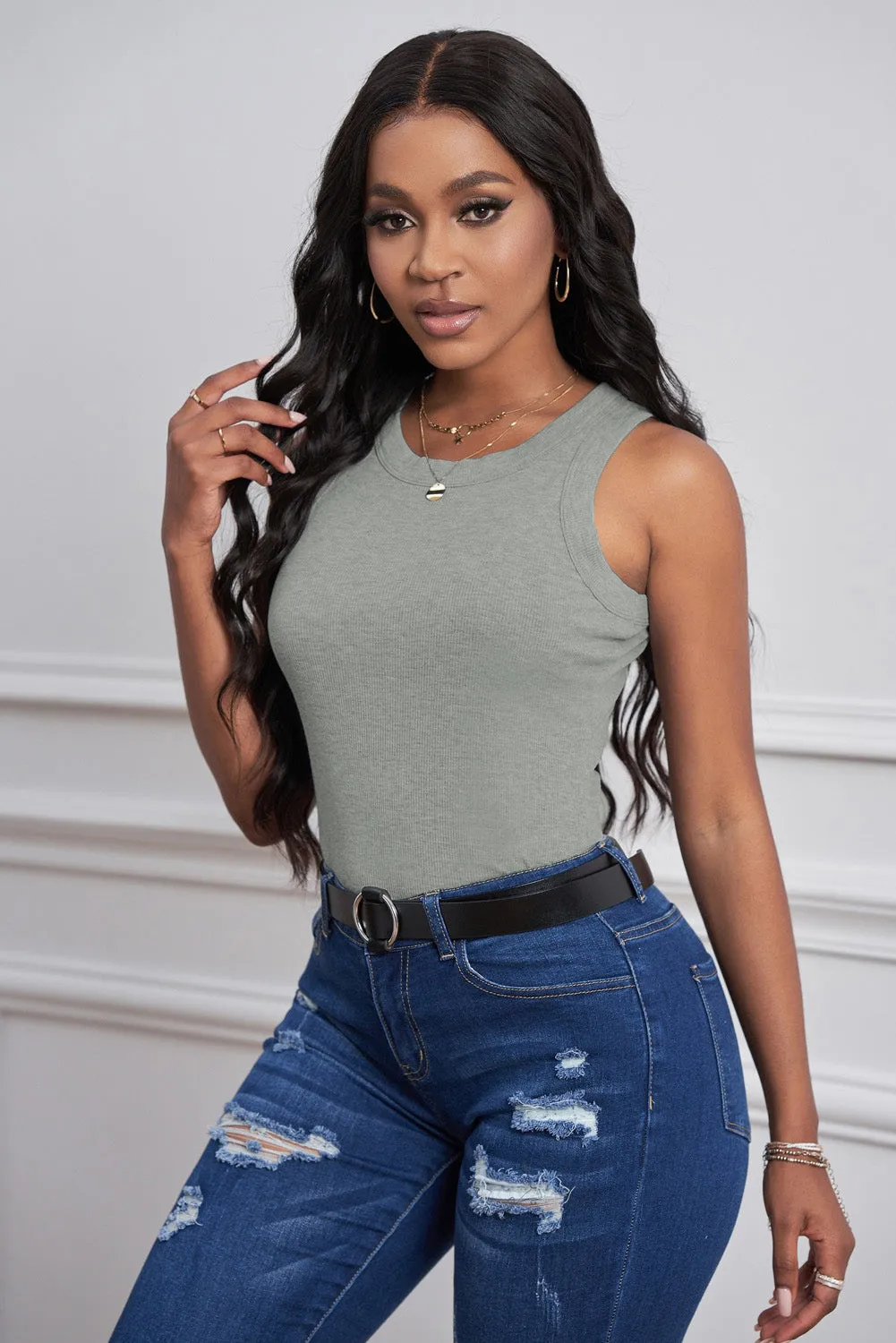Solid White/Black/Gray/Khaki Round Neck Ribbed Tank Top