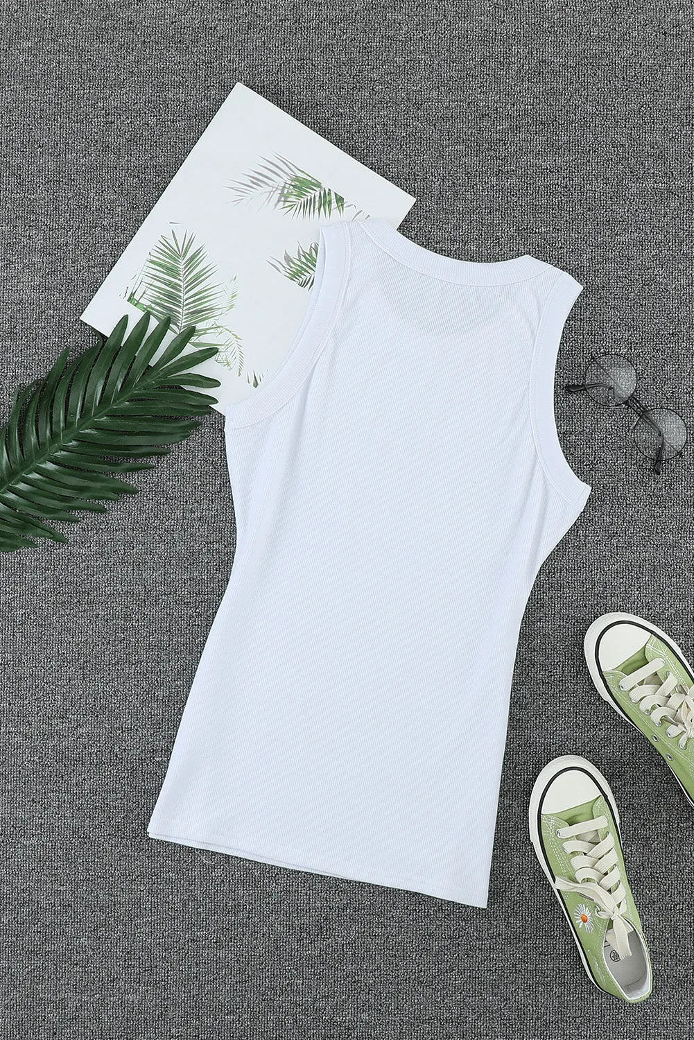 Solid White/Black/Gray/Khaki Round Neck Ribbed Tank Top