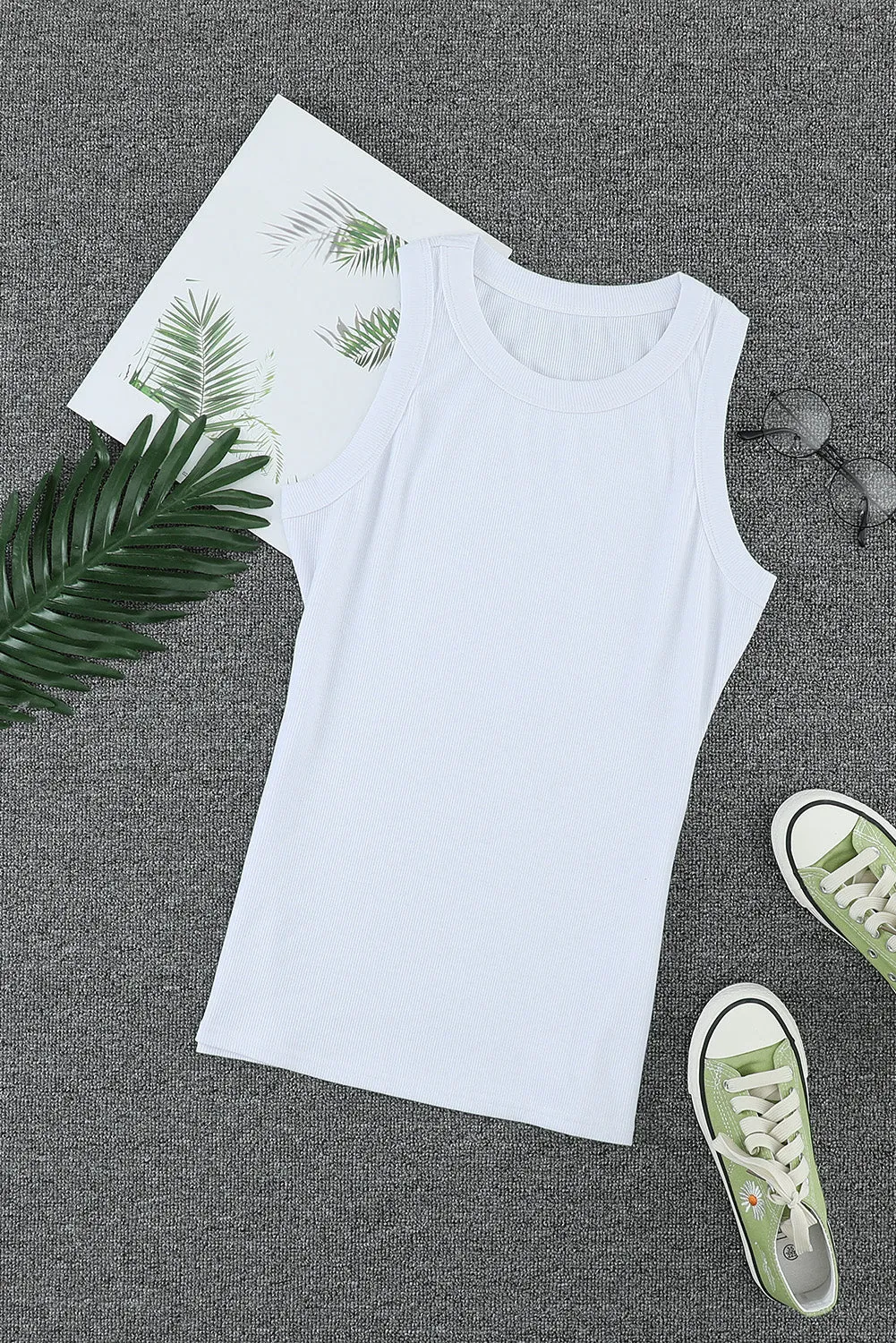 Solid White/Black/Gray/Khaki Round Neck Ribbed Tank Top