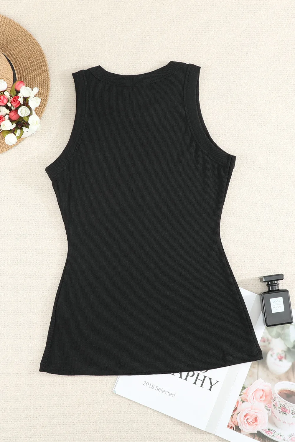 Solid White/Black/Gray/Khaki Round Neck Ribbed Tank Top