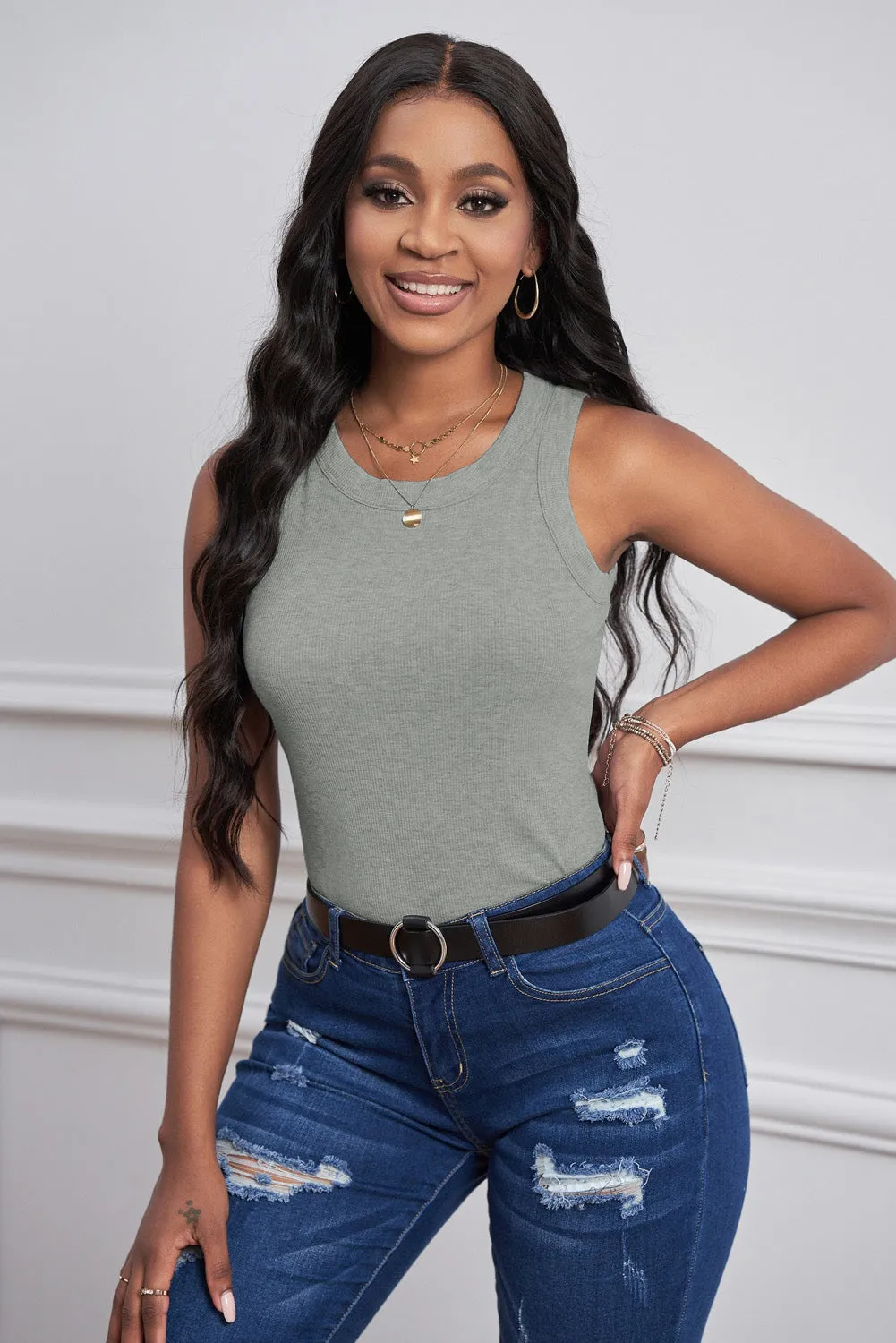 Solid White/Black/Gray/Khaki Round Neck Ribbed Tank Top