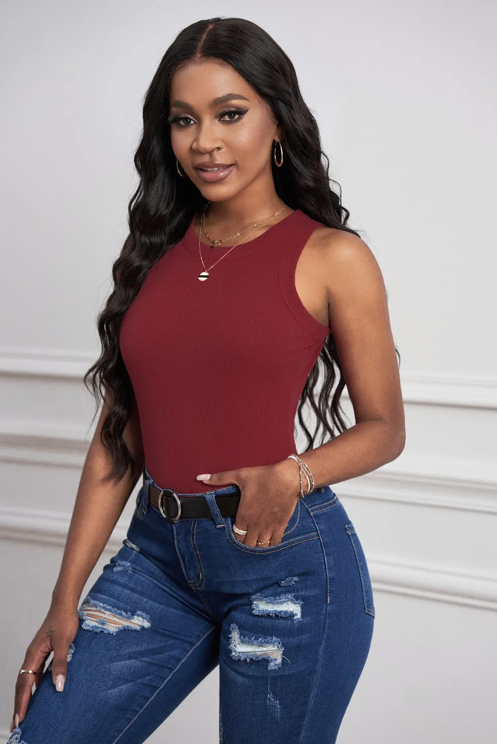 Solid White/Black/Gray/Khaki Round Neck Ribbed Tank Top