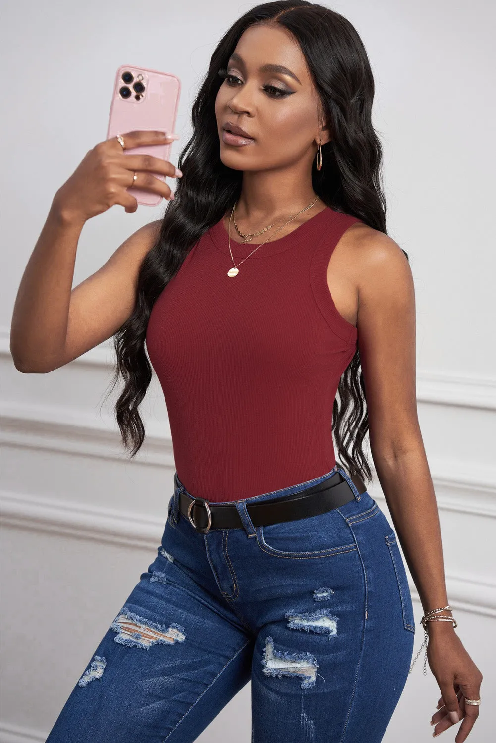 Solid White/Black/Gray/Khaki Round Neck Ribbed Tank Top